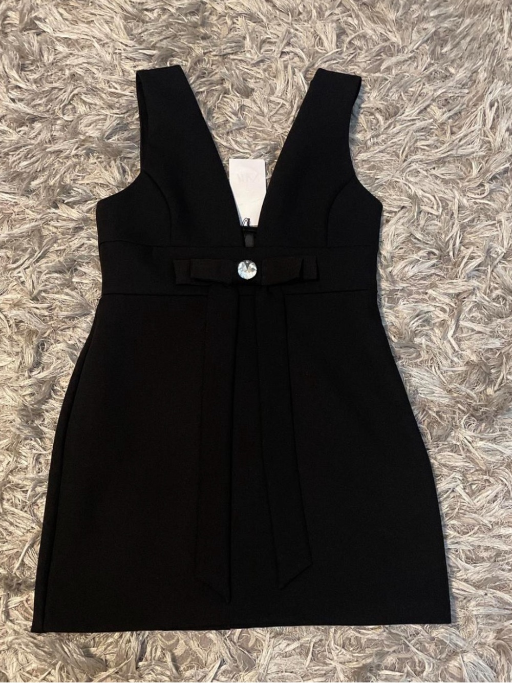 Zara Black V-Neck Sleeveless Mini Dress with Waist Bow and Jewel